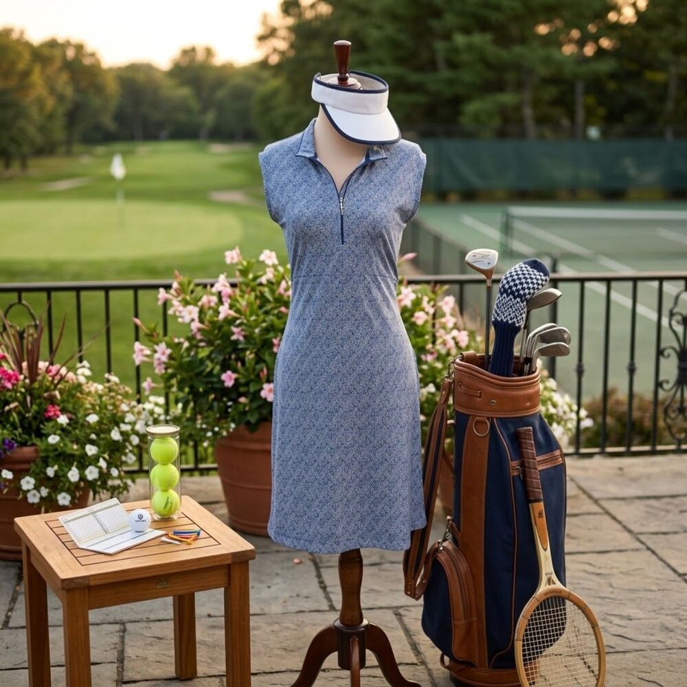 EP New York XL Blue Geometric Sleeveless 1/4 Zip Golf Tennis Dress Pockets